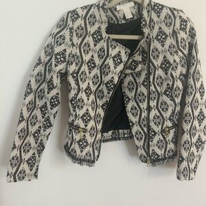 H & M Brocade Black and White Front Zip Jacket Blazer Size 2